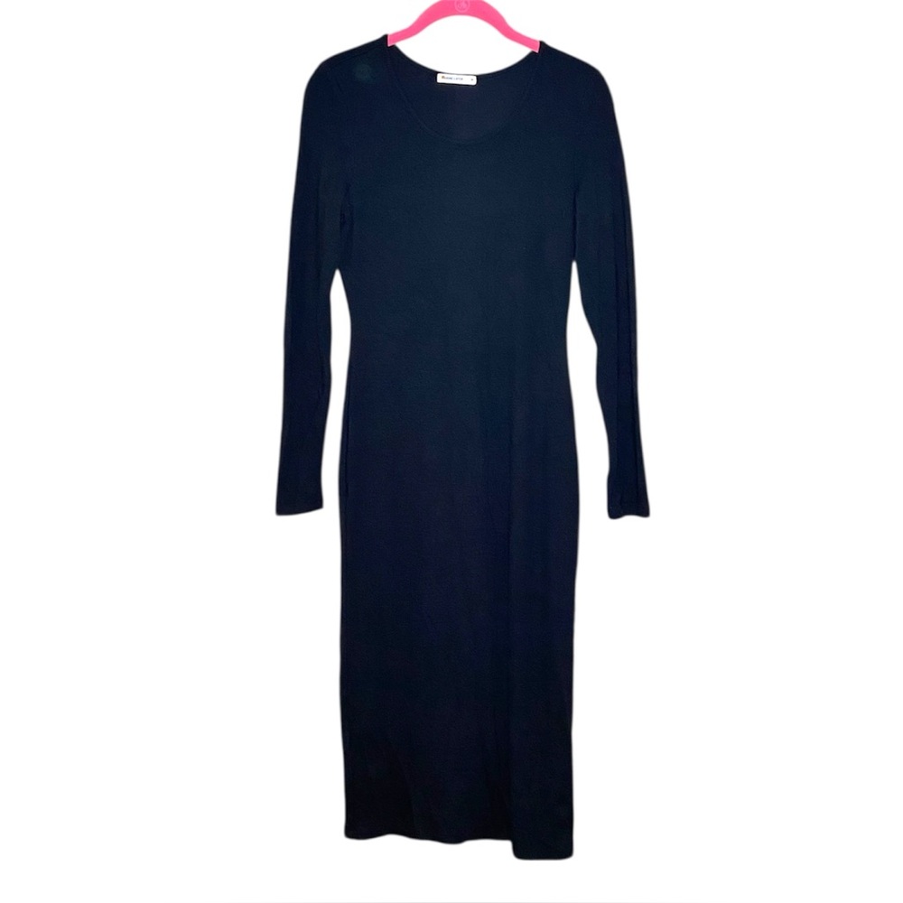 Marine Layer Lexi Rib Midi Dress Bodycon Long Sleeve Stretch Black Medium - Picture 2 of 7